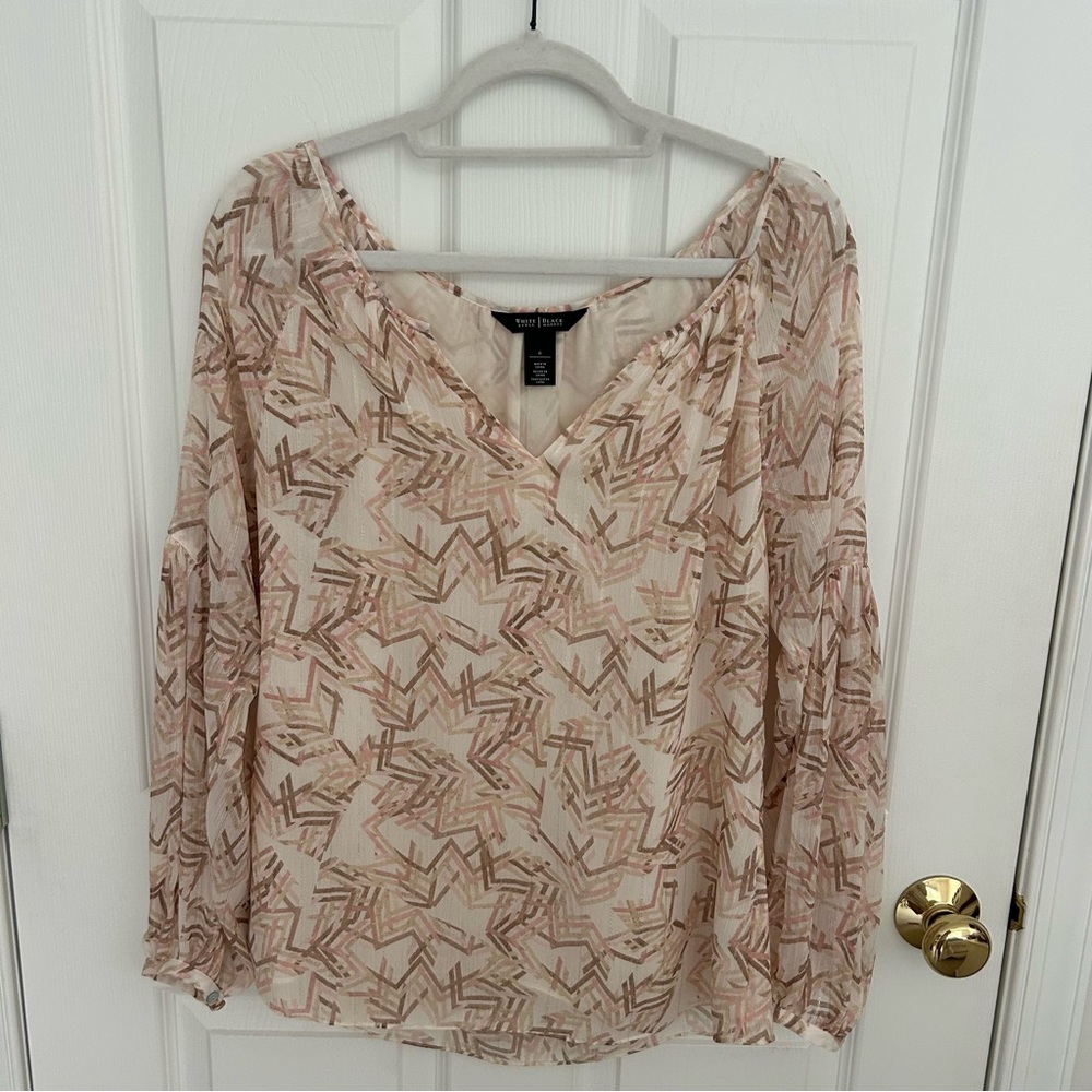 White House Black Market Women's Cream and Brown Patterned Top